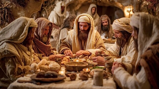 Jesus christ is breaking bread and sharing a meal with his twelve disciples around a table indoors during the last supper, depicting a powerful biblical scene of fellowship and impending sacrifice