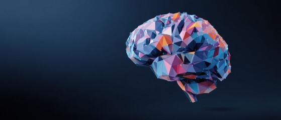 Abstract low poly brain structure floats against dark blue background