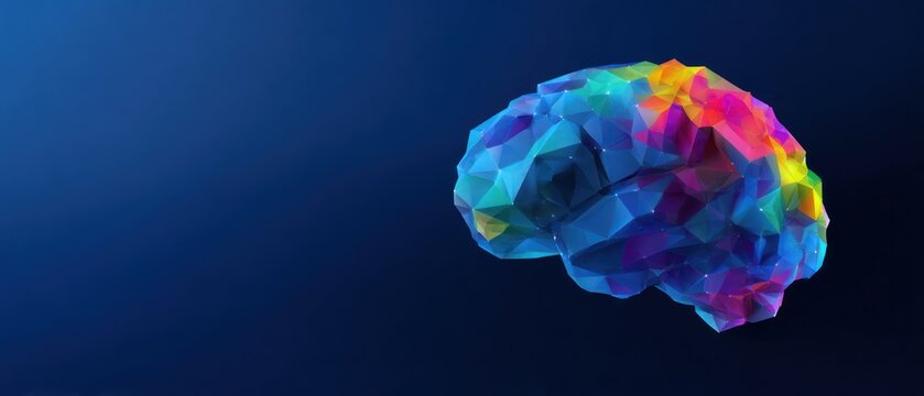 Low poly abstract brain structure against dark blue background