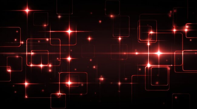 Abstract dark background with glowing red square outlines and lens flares. - Powered by Adobe