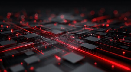 Abstract dark circuit board with glowing red light trails and bokeh.