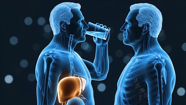 Medical illustration of a human figure drinking water with a highlighted liver representing hydration and internal organ health
