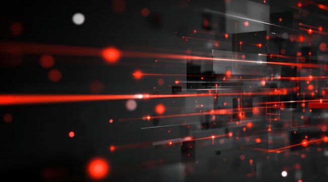 Abstract dark background with glowing red light beams and bokeh effects.