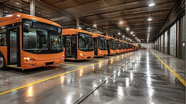 Orange city buses lined up inside a polished concrete depot, reflecting light on the floor and symbolizing urban public transit, fleet management and clean mobility infrastructure