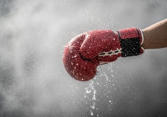 Water splashing on red boxing glove in slow motion | boxing, boxer, fighting, punch, athlete, gloves, training, action, combat sport, strength