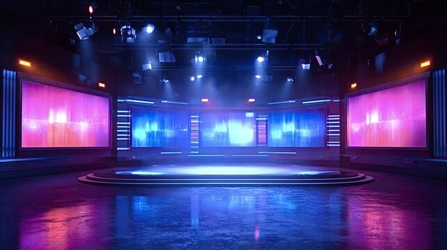 Empty high tech television studio with large led screens showing abstract graphics, vibrant neon blue, purple and pink lighting, spotlights and reflective floor for dynamic broadcasts or news