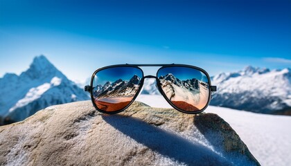 sunglasses reflect snowy mountain hiking adventure and exploration