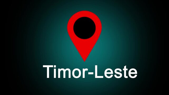 A glowing red location pin hovering above the world in Timor Leste text on a dark teal and black gradient background, featuring a bright highlight effect and modern digital map style design