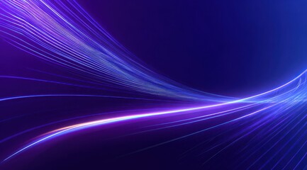 Abstract glowing blue and purple light trails curve across a dark background.