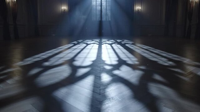 Mysterious light rays cast ornate gothic window shadows across a grand ballroom floor