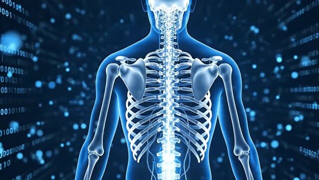 Futuristic digital illustration of human skeleton back view with glowing blue spine and ribs on technology background