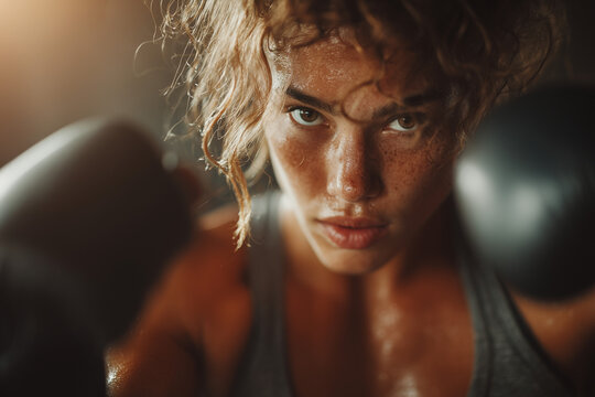 Intense close-up of a sweaty athletic woman training with boxing gloves, staring straight into the camera with fierce determination under dramatic warm gym lighting, symbolizing strength, focus, and f