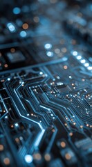 Abstract glowing circuit board lines with blue and orange bokeh lights.