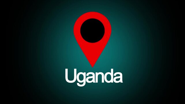 A glowing red location pin hovering above the world in Uganda text on a dark teal and black gradient background, featuring a bright highlight effect and modern digital map style design