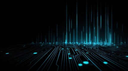 Abstract glowing blue circuit board lines rise into dark space.