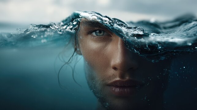 A closeup portrait of a person half-submerged in water, blending realism with surreal artistry. Striking eye contact and dynamic waves evoke a sense of mystery and serenity.
