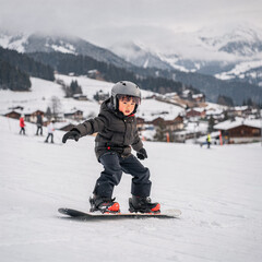 Young Japanese Child First Snowboard Run in Oversized Helmet Swiss Alps