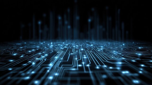 Abstract blue glowing circuit board lines on a dark background.