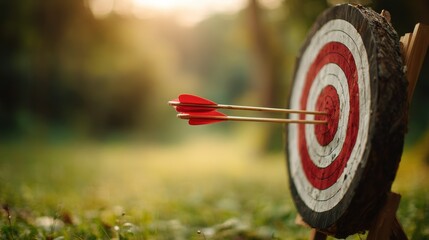Archery arrows strike the bullseye of a wooden target outdoors. The image captures precision, focus, and achievement in the art of marksmanship.