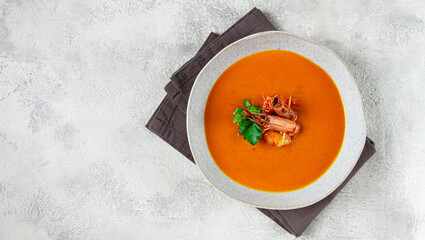 shrimp cream soup, bisque soup, French cuisine, homemade, no people,