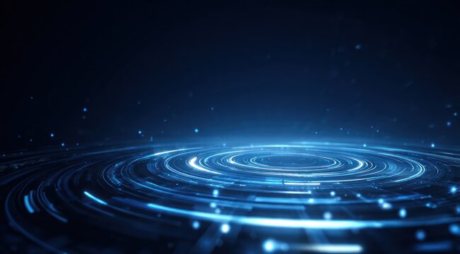 Abstract blue light rings create a futuristic digital energy field background. - Powered by Adobe