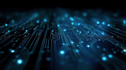 Abstract glowing blue circuit board traces against a dark background.