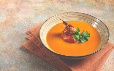 shrimp cream soup, bisque soup, French cuisine, homemade, no people,