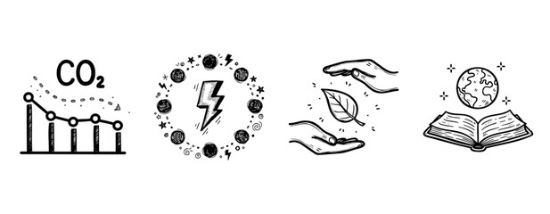Fototapeta premium Environmental symbols: co2 reduction, renewable energy, conservation, earth and book illustration