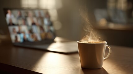 A steaming cup of coffee sits on a sunlit desk next to a blurred laptop showing a virtual meeting. The inviting warmth of the drink highlights a cozy work-from-home atmosphere.