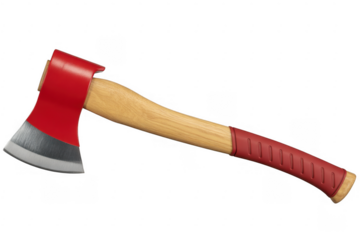 Red and silver axe with wooden handle and red grip isolated on a transparent background