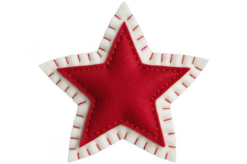 Red and white felt star ornament with red stitching isolated on a transparent background