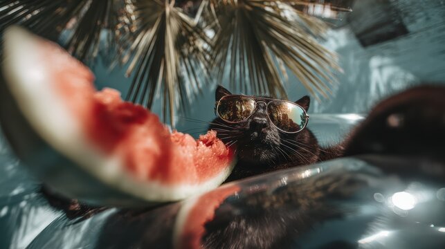 A stylish black cat lounges under palm trees wearing sunglasses and enjoying watermelon. This playful summer scene captures vacation vibes and feline cool.
