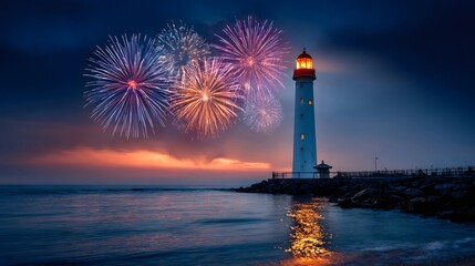 Lighthouse illuminating ocean celebrating with fireworks and sunset