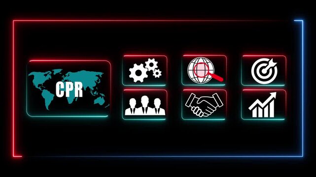 Glowing neon line banner of  CPR  concept with icons of branding, advertising, SEO, social media, devices, internet and target isolated on transparent background.