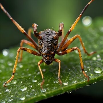 Cinematic Horned Treehopper on Dewy Green Leaf