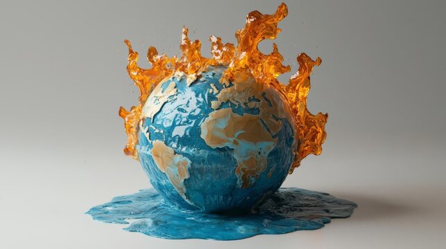 A vibrant globe bursting with flames, symbolizing climate change and environmental challenges facing our planet.