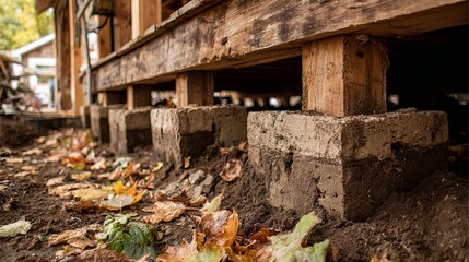 Fall leaves surround a home's foundation, showing supports of wood and concrete during construction or renovation, with focus on detail and texture.