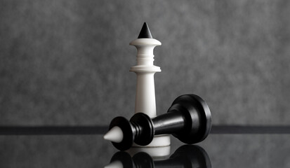Two chess pieces. Black and white chess king. Black chess piece is defeated. Good triumphs over evil
