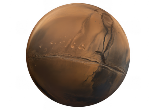 Red planet Mars showing craters and dark streaks isolated on a transparent background