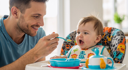 father feeding joyful baby with spoon in high chair during mealtime in bright kitchen