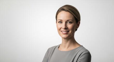 Professional woman with confident smile in a neutral setting for