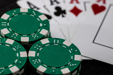 Casino chips and cards on the table. Gambling concept