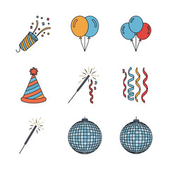 Collection of colorful party celebration icons, including balloons, confetti, and disco balls.