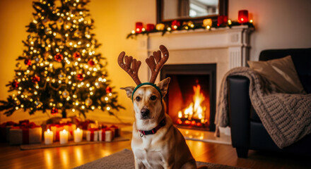A festive dog wearing reindeer antlers sits happily by a glowing christmas tree and fireplace. isolated on white background, Vector