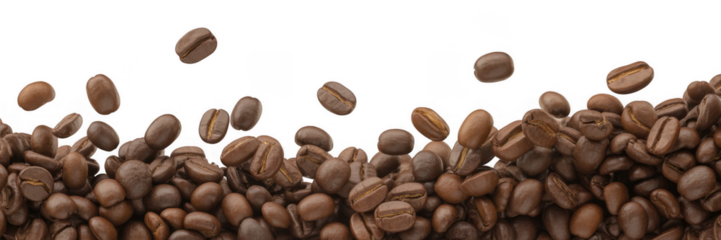 Roasted coffee beans falling and piled up isolated on a transparent background