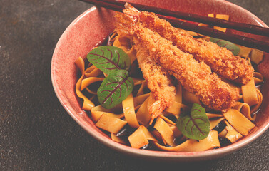 Udon noodles with shrimp in tempura, Japanese cuisine, homemade, no people,
