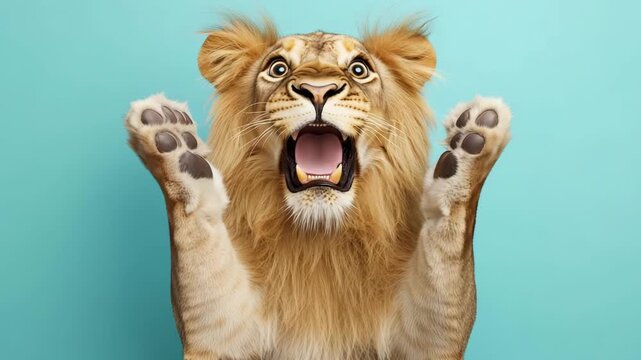 A lion shows its excitement by opening its mouth wide and raising its paws while standing against a blue backdrop
