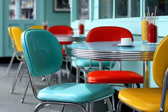 Retro diner interior with colorful vintage chairs and tables