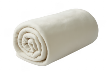 Rolled up cream colored soft fleece blanket isolated on a transparent background