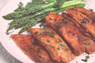 fried fish fillet, tilapia with asparagus, homemade, no people,